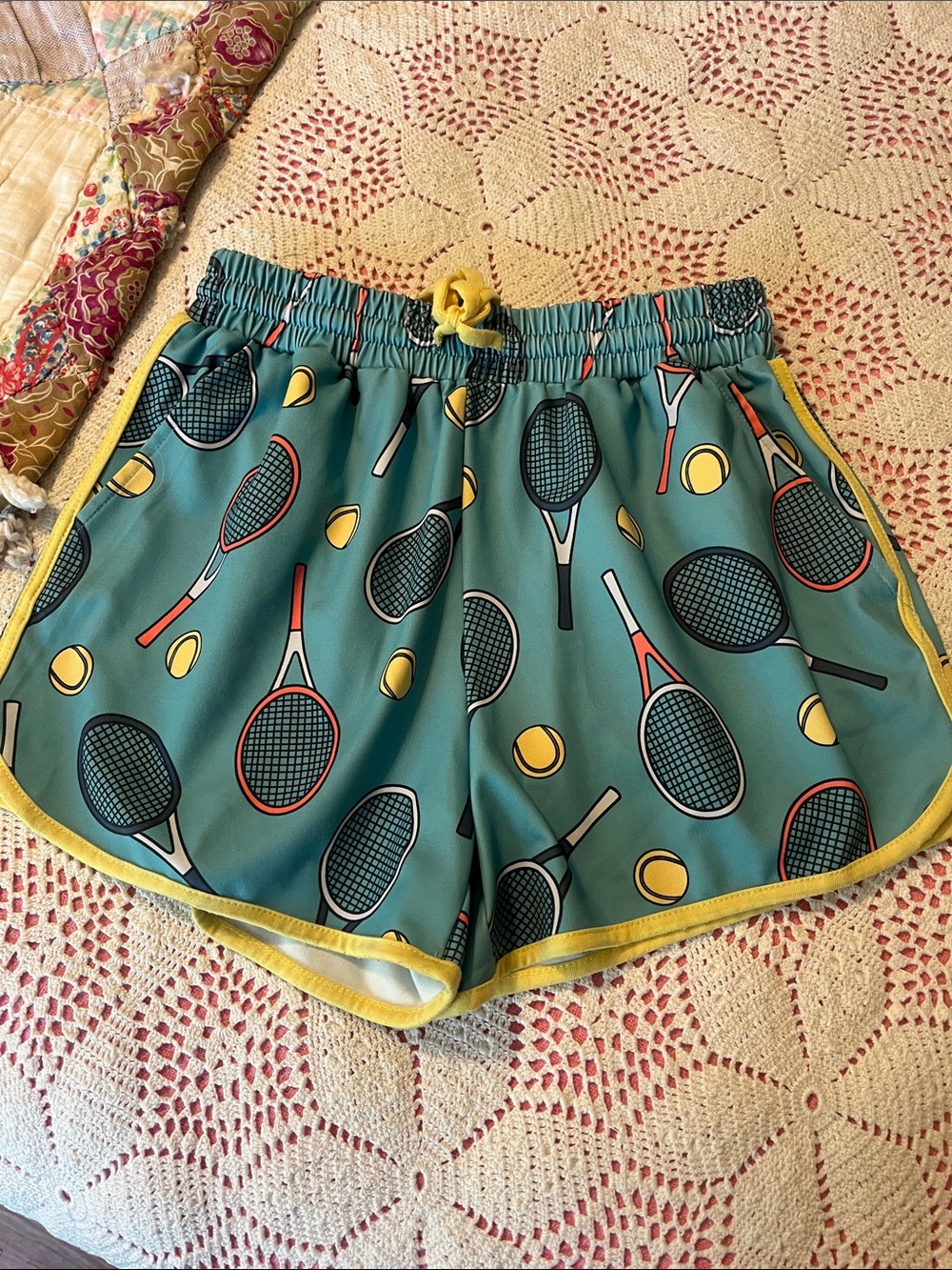 Athletic Tennis-Print Women's Shorts in Teal with Yellow Trim